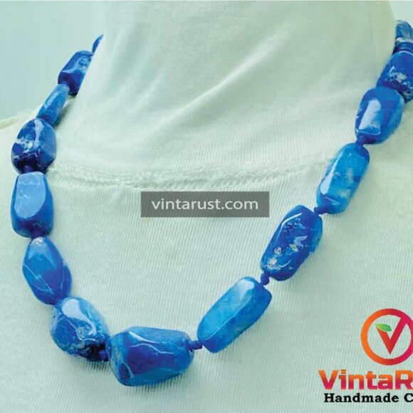 Handmade Lapis Lazuli Gemstone Necklace, Vintage Beaded Stone Necklace, Natural - Picture 6 of 9